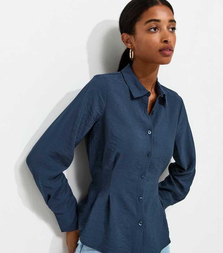 Navy Crinkle Texture Gathered Waist Shirt