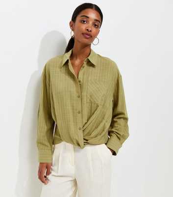 Green Cotton Rich Striped Twist Front Long Sleeve Shirt