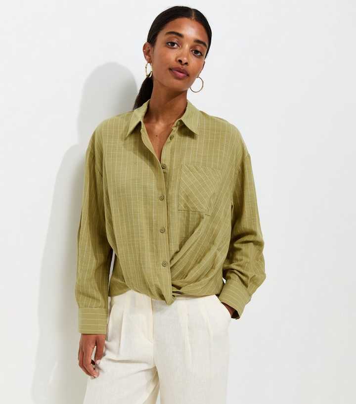 Green Cotton Rich Striped Twist Front Long Sleeve Shirt