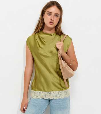 Green Cowl Neck Lace Hem Satin Blouse