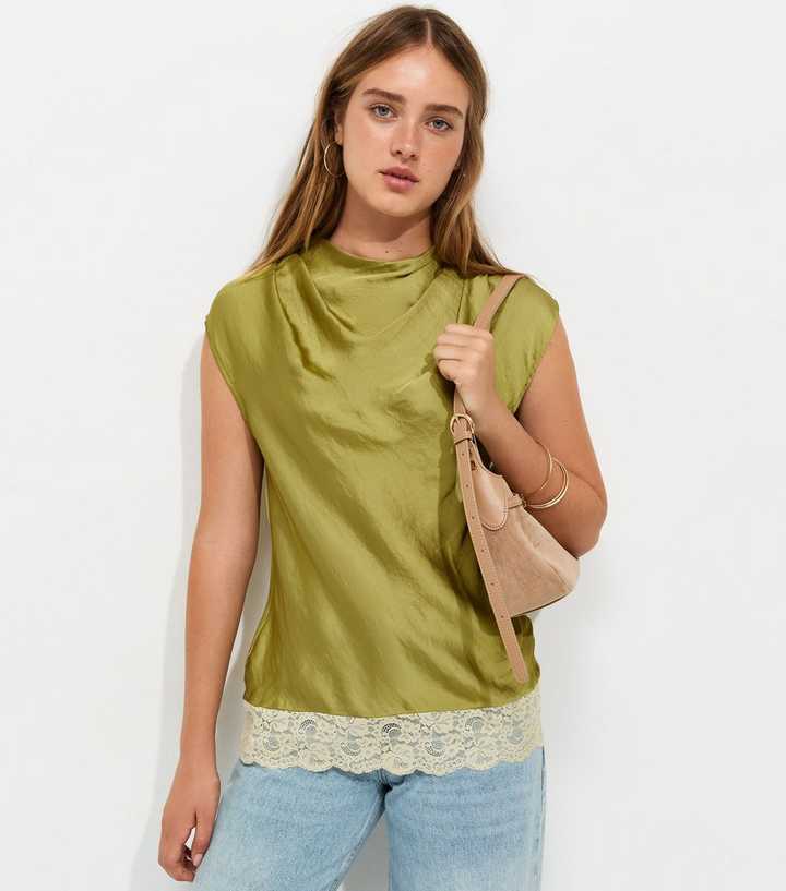 Dark Khaki Cowl Neck Lace Hem Satin Blouse