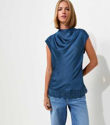 Navy Satin Cowl Neck Lace Hem Top