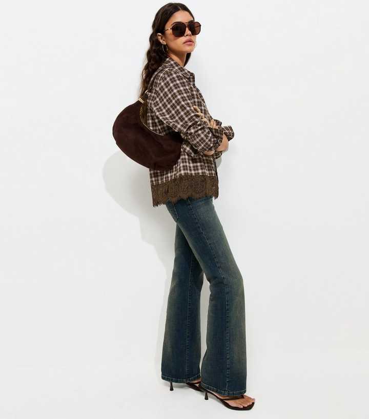 Brown Cotton Check Lace Trim Shirt