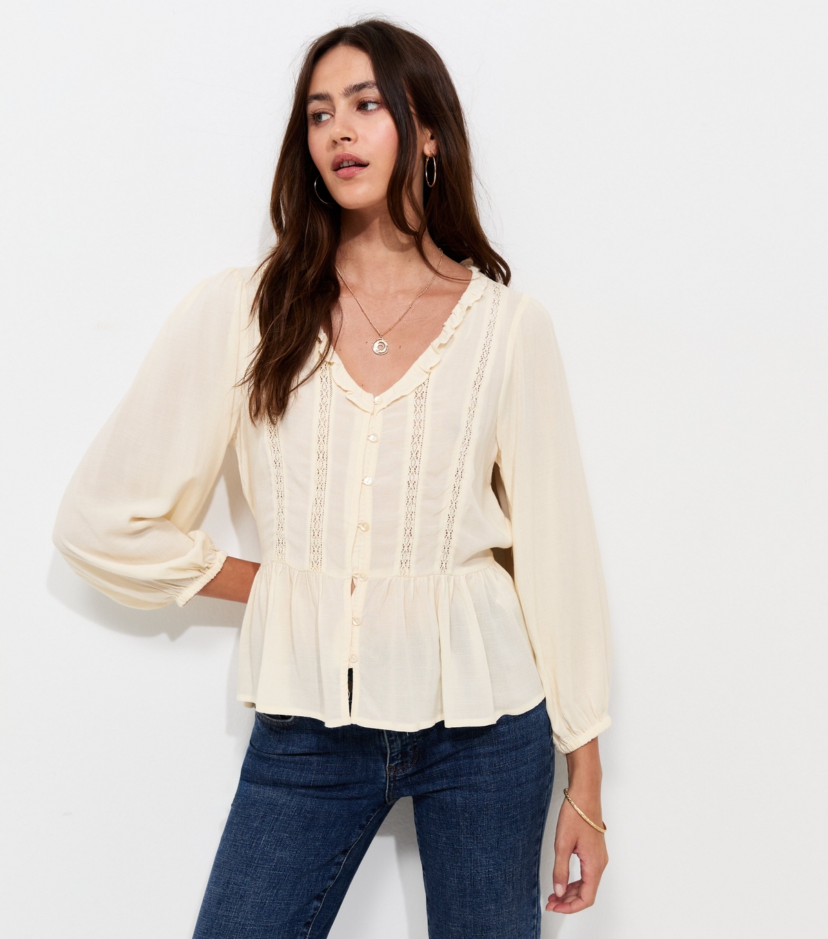 Women's Cream Lace Trim Cropped Sleeve Peplum Blouse New Look