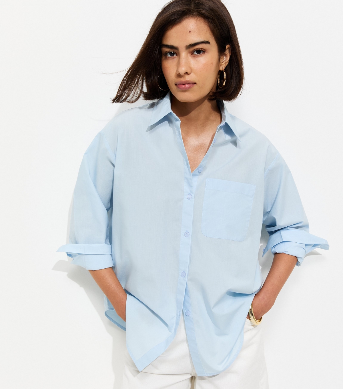 Women's Blue Cotton Poplin Long Sleeve Shirt New Look