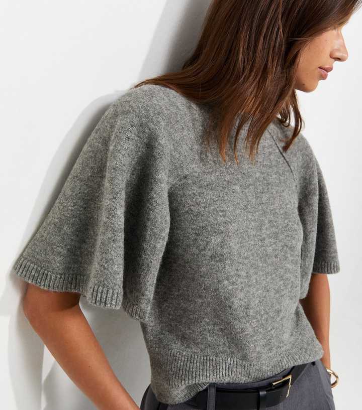 Grey Knitted Cape Sleeve T-Shirt