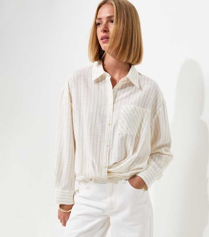 Cream Cotton Rich Striped Twist Front Long Sleeve Shirt