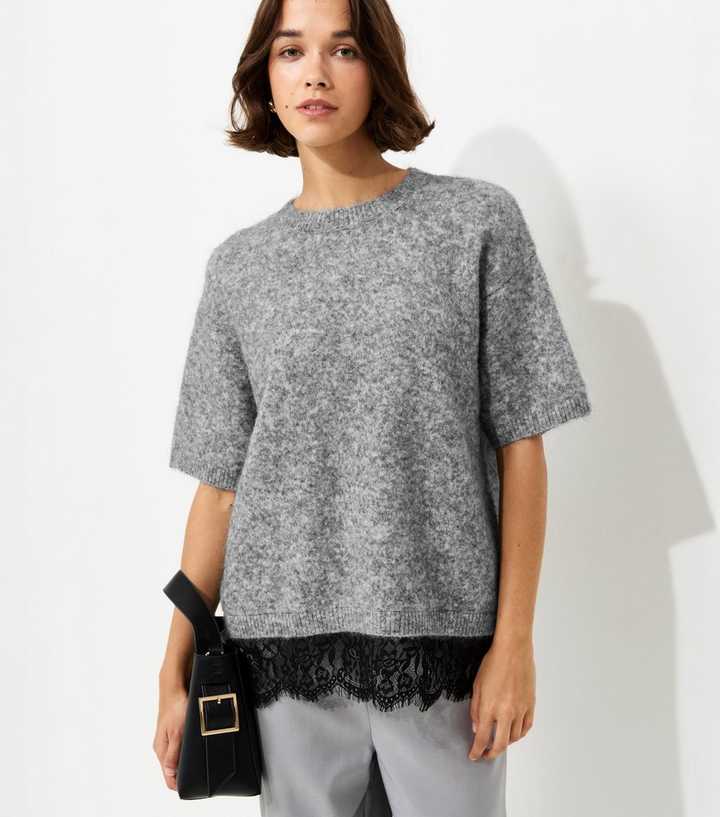 Grey Brushed Knit Lace Hem T-Shirt