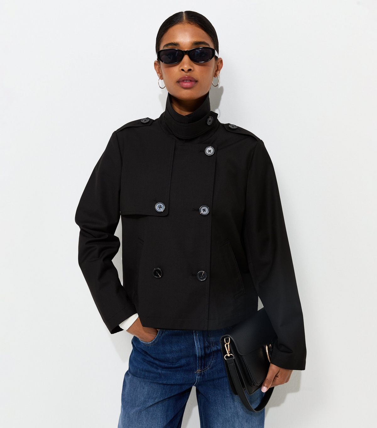 Women's Black Double Breasted Cropped Trench Jacket New Look