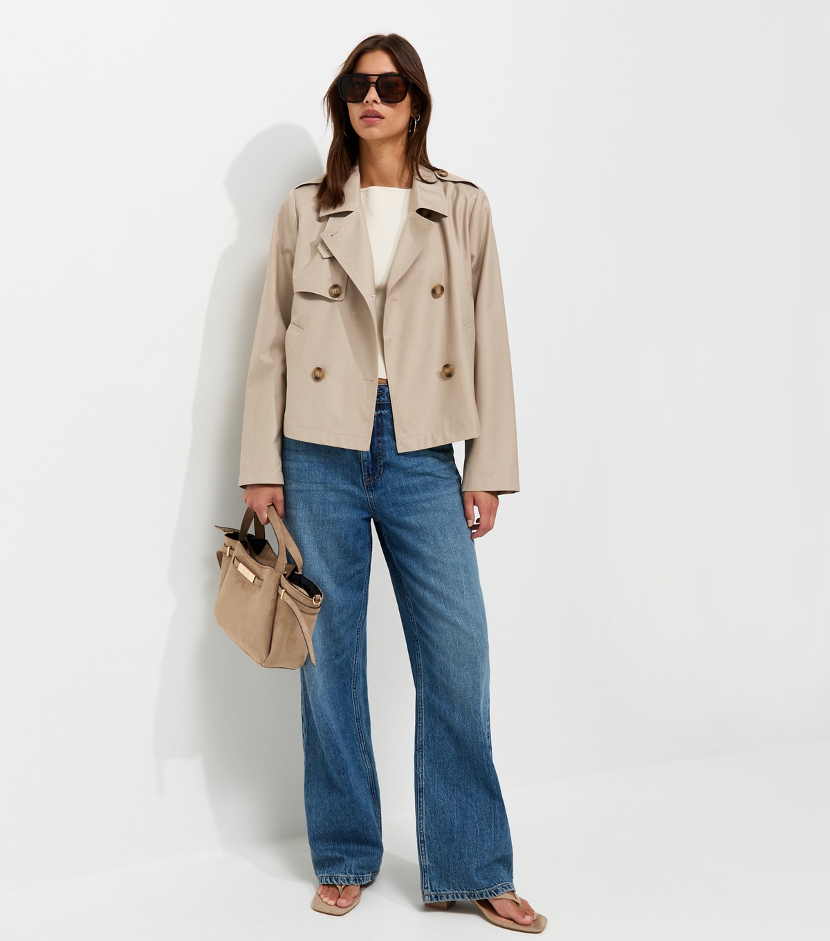 Women's Cream Double Breasted Cropped Trench Jacket New Look