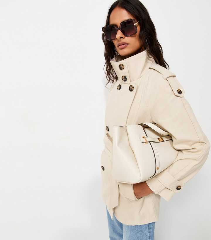 Stone Cotton Funnel Neck Tie Waist Trench Jacket