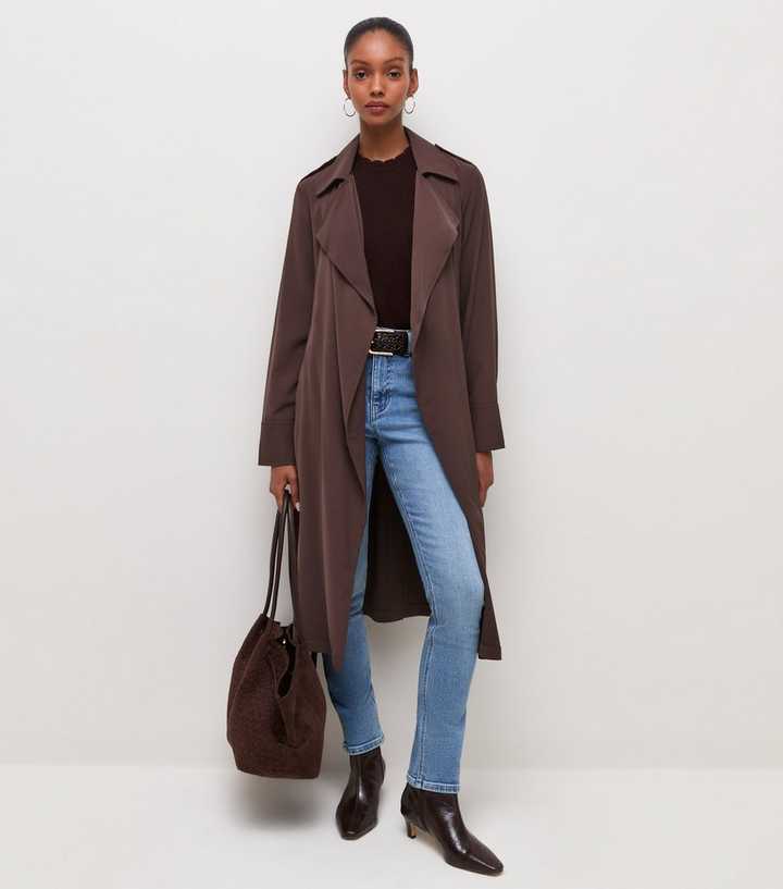 Dark Brown Waterfall Front Draped Mid-Length Coat
