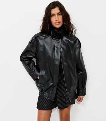 Black Faux Leather Funnel Neck Oversized Jacket