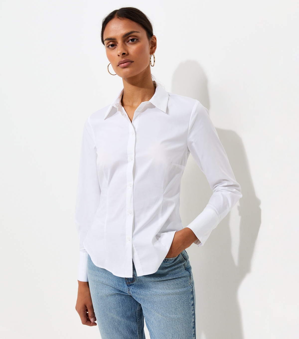 Women's White Cotton Rich Slim Long Sleeve Shirt New Look