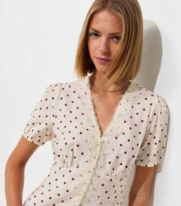 Brown Spot Print Lace Trim Button Tea Blouse