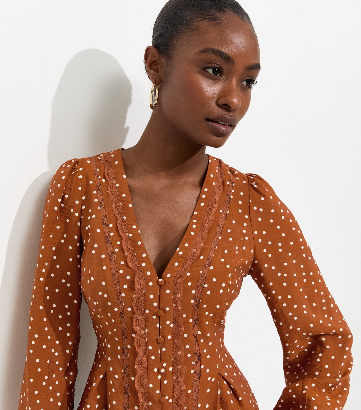 Women's Orange Lace Trim Spot Print Button Blouse New Look