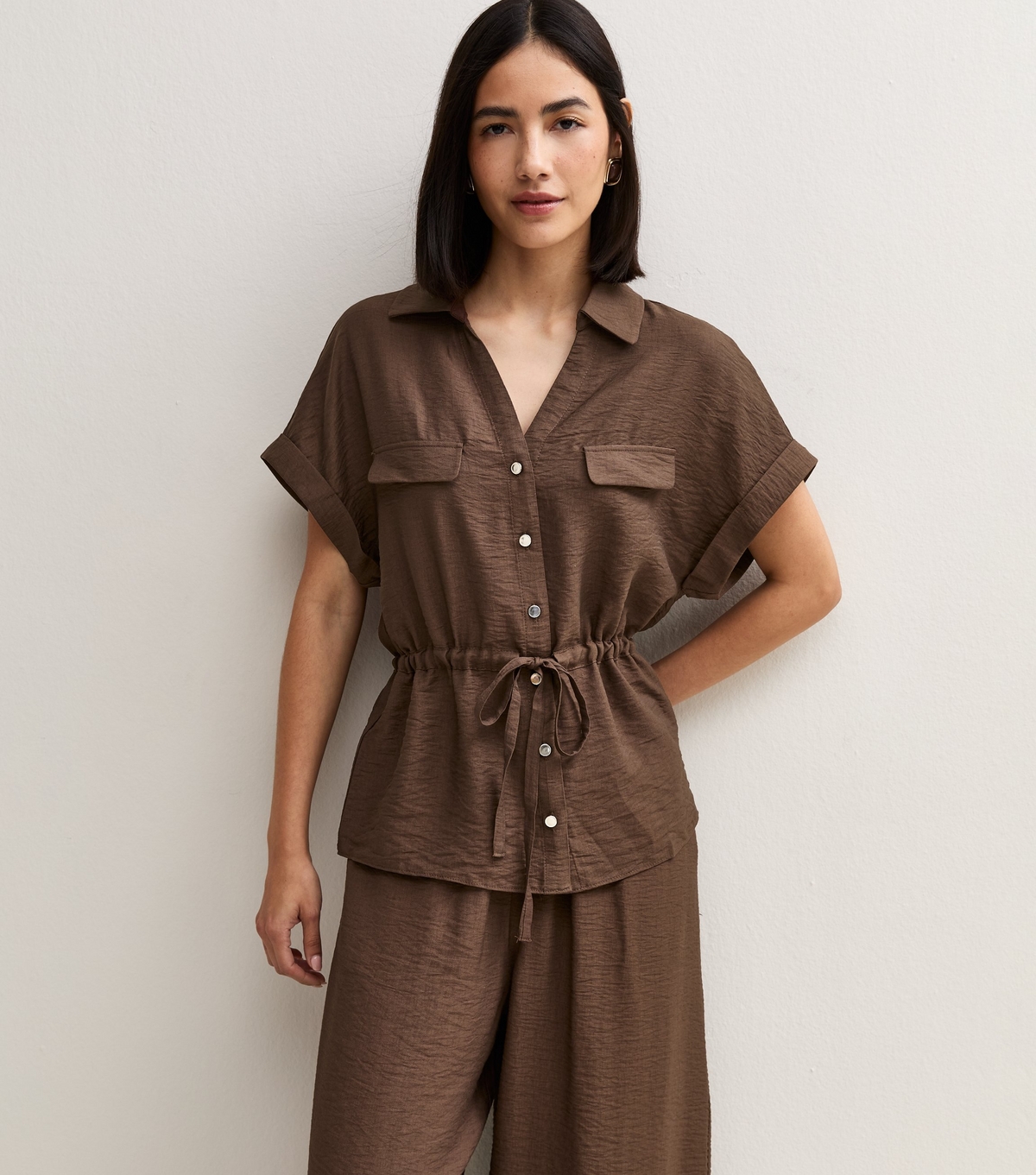 Women's Dark Brown Utility Tie Front Shirt New Look