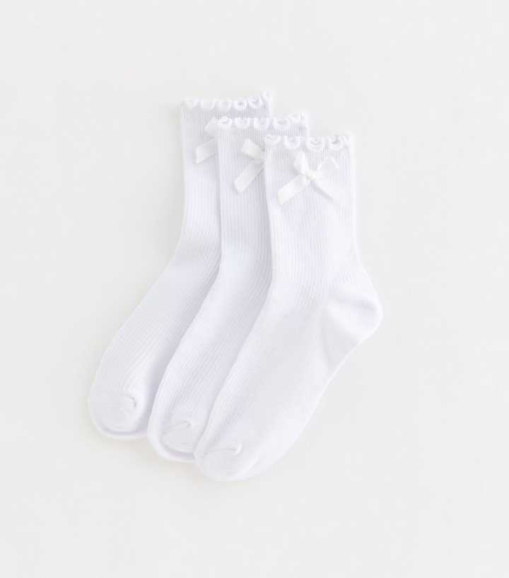Girls Pack of 3 White Cotton Rich Frill Trim Ribbed Socks