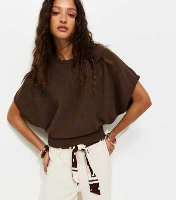 Brown Batwing Sleeve Short Sleeve Jumper