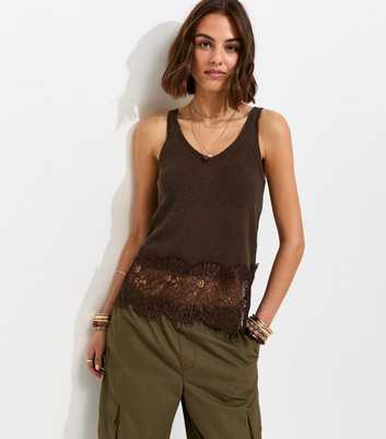 Brown Lace Trim V-Neck Vest