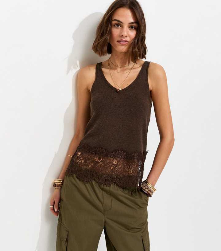 Brown Lace Trim V-Neck Vest