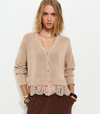 Stone Lace Trim V-Neck Cardigan | New Look