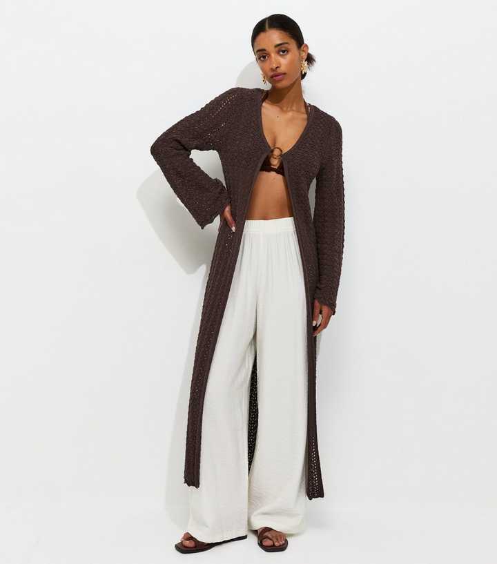 Dark Brown Pointelle Longline Cardigan