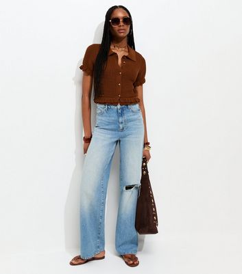 Dark Brown Knitted Frill Trim Collared Top | New Look