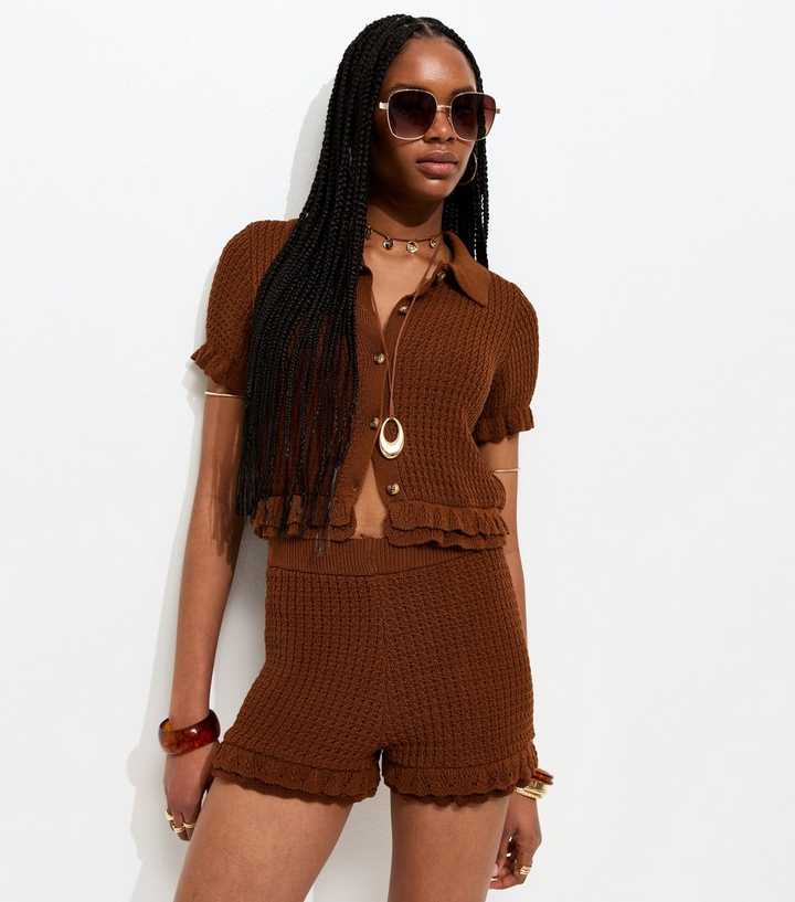 Brown Frilly Trim Knitted Shorts