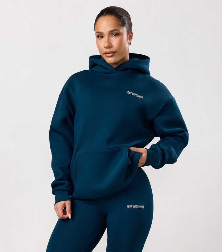 Gym King Dark Blue Logo Print Oversized Hoodie