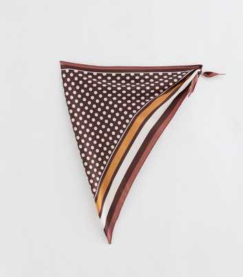 Brown Polka Dot Striped Border Satin Scarf