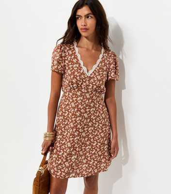 Orange Woven Ditsy Print Lace Trim Mini Tea Dress