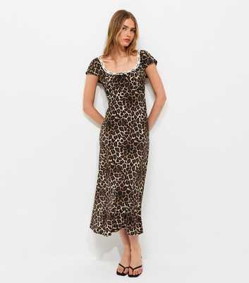 Brown Leopard Print Flutter Sleeve Midi Dress