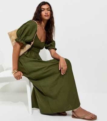 Dark Khaki Shirred Bodice Puff Sleeve Midi Dress