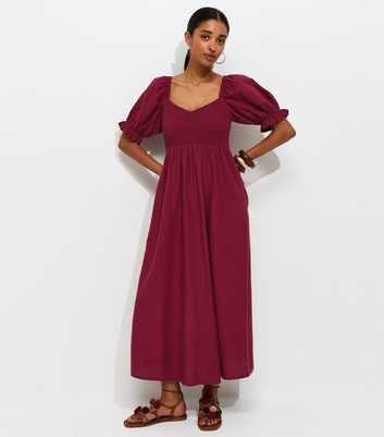 Dark Burgundy Shirred Bodice Puff Sleeve Midi Dress