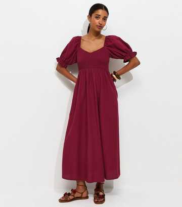 Dark Burgundy Shirred Bodice Puff Sleeve Midi Dress