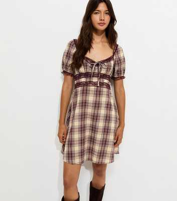 Brown Check Lace Trim Milkmaid Mini Dress