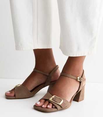Light Brown Faux Suede Front Buckle Block Heel Sandals
