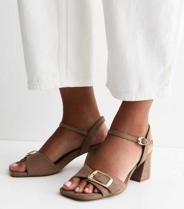 Light Brown Faux Suede Front Buckle Block Heel Sandals