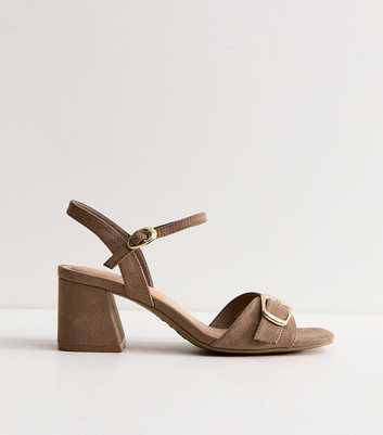 Light Brown Faux Suede Front Buckle Block Heel Sandals