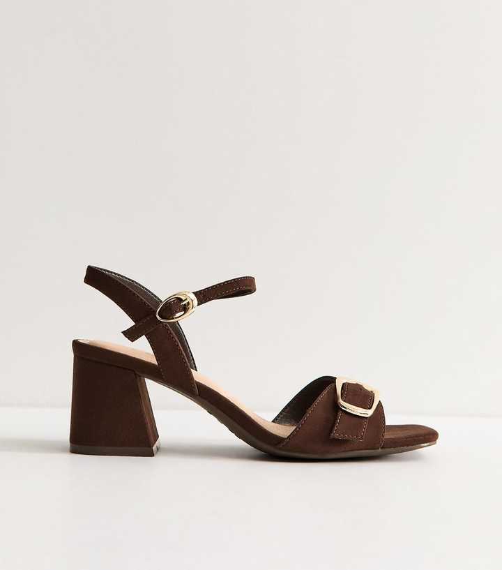 Dark Brown Faux Suede Front Buckle Block Heel Sandals