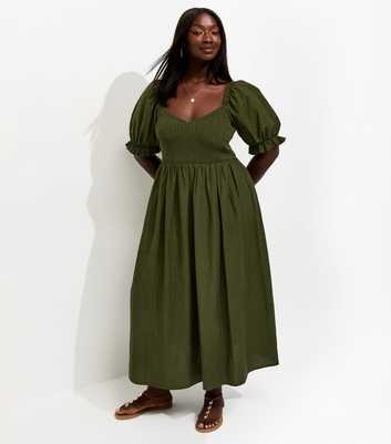 Curves Dark Khaki Cotton Blend Shirred Bodice Puff Sleeve Midi Dress