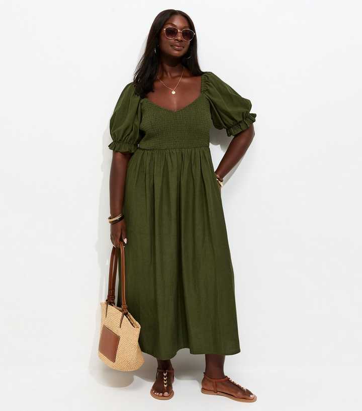 Cotton Dress Women's Plus Size Midi Dresses Curves Dark Khaki Cotton Blend Shirred Bodice Puff Sleeve Midi Dress New Look