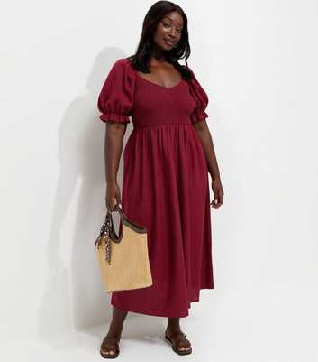 Curves Dark Burgundy With Cotton Shirred Bodice Puff Sleeve Midi Dress