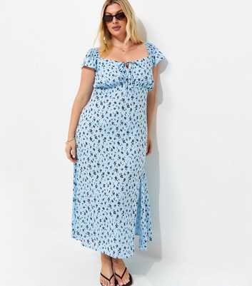 Curves Blue Ditsy Print Square Neck Midi Dress
