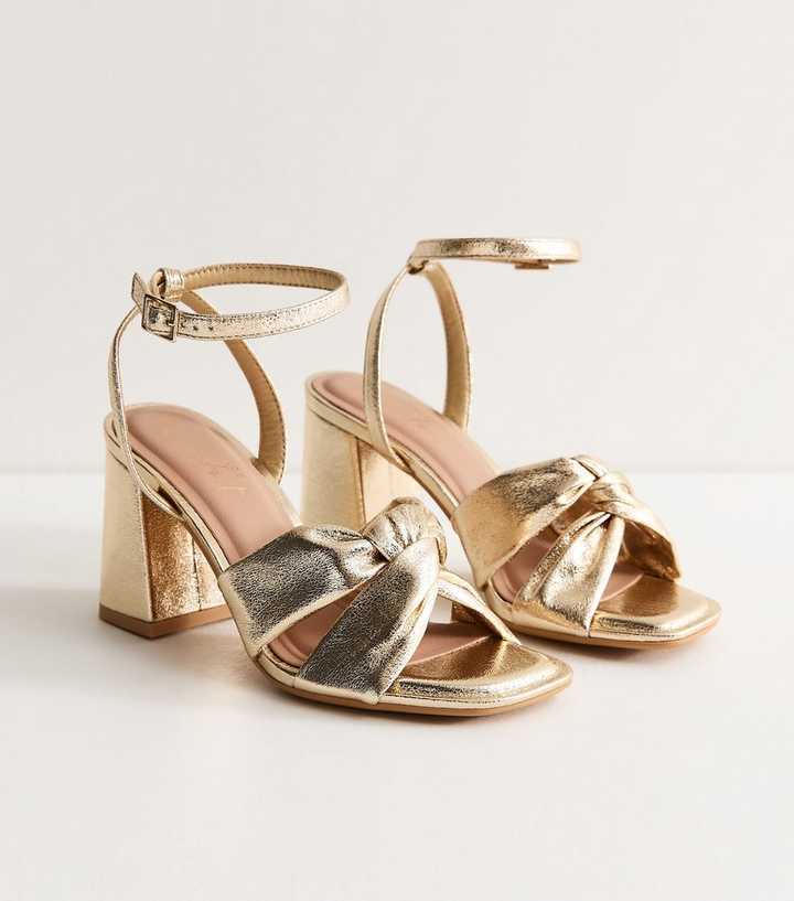 Gold Faux Leather Twisted Strap Block Heel Sandals