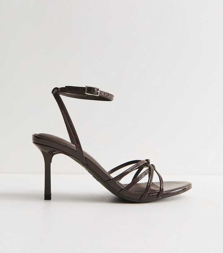 Dark Brown Faux Leather Knot Strappy Stiletto Sandals