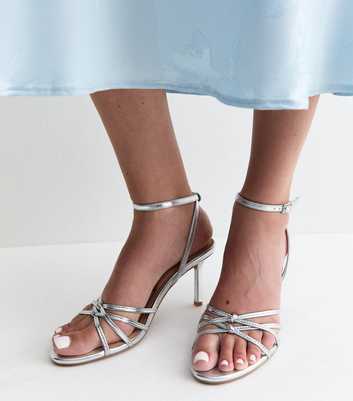 Silver Faux Leather Knot Strappy Stiletto Sandals