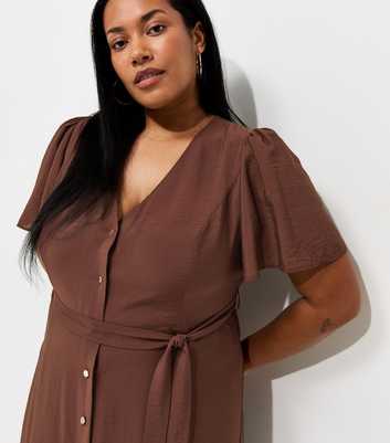 Curves Dark Brown Button Through Puff Sleeve Midi Dress