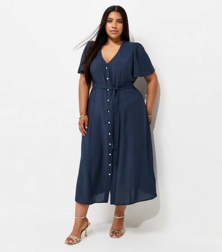 Curves Navy Button Through Puff Sleeve Midi Dress